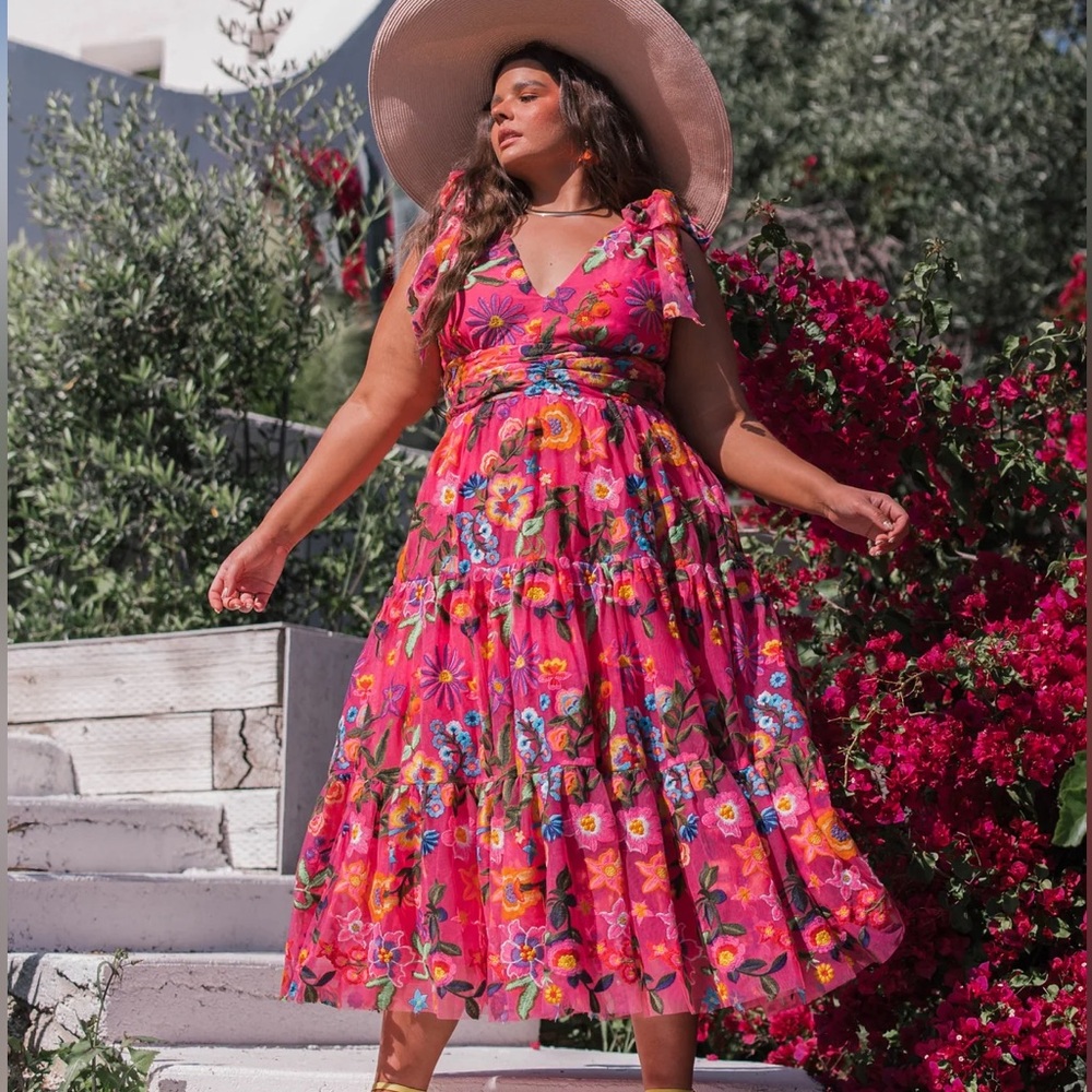Brand new Jessakae Fuschia embroidered tulle dress with shoulder bow detailing